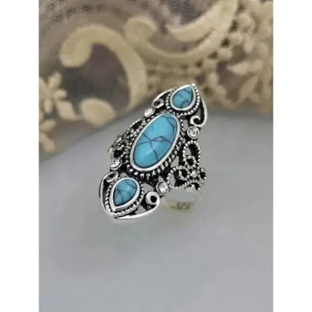 Boho Vintage Style Turquoise Stone Carved Fashion Ring Size 8 Silver Blue A0135 - Picture 15 of 15